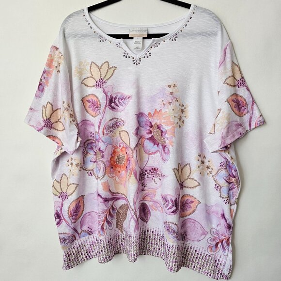 Alfred Dunner Tops - Alfred Dunner Water Color Floral Rhinestone Womens 3X Short Sleeve Top Shirt